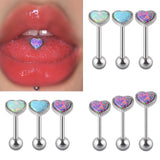 1PC Anti-Allergy Surgical Steel Opal Tongue Rings For Women Heart Shape Opal Ear Tragus Cartilage Cheek Piercing Jewelry 14g/16g