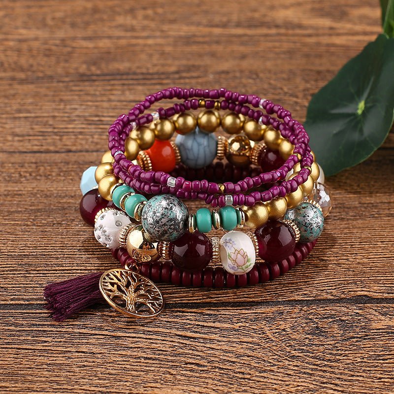 5-pieces Fashion New Exquisite All-match Boho Beaded Bracelet Fringed Tree of Life Pendant bracelet Jewelry Gift for Women Girls
