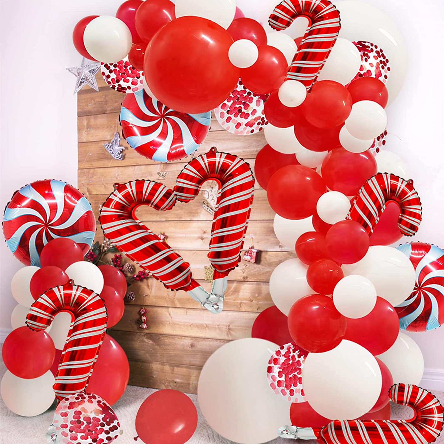 115 Pack Christmas Red White Balloon Garland Arch Kit Assorted Size 18 inch 12" 10 in 5 inch Latex White Red Confetti Balloons Candy Cane Foil Balloons for Christmas New Year Party Decorations